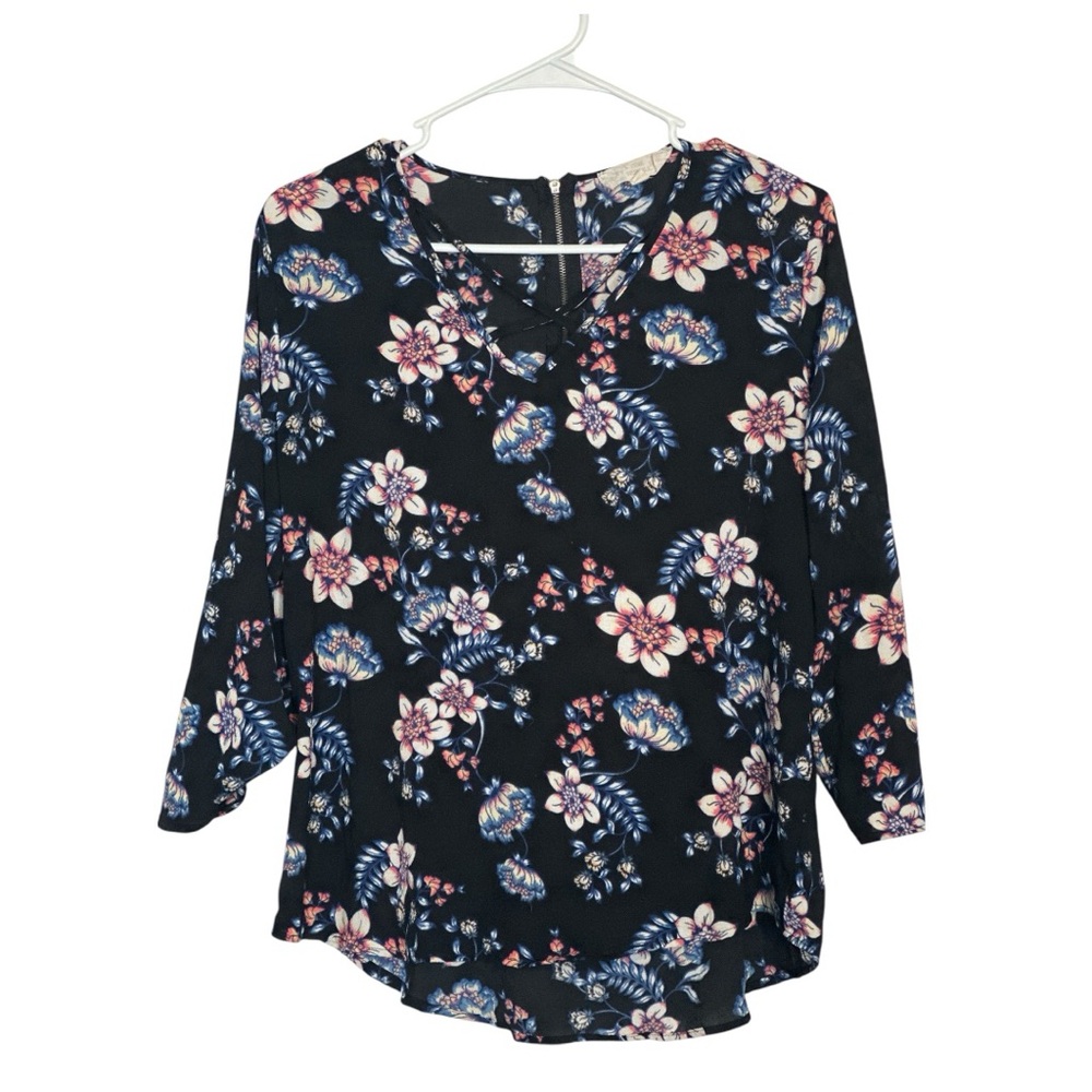 Pink Republic Black Floral Crisscross Blouse – Size Large - Picture 2 of 8